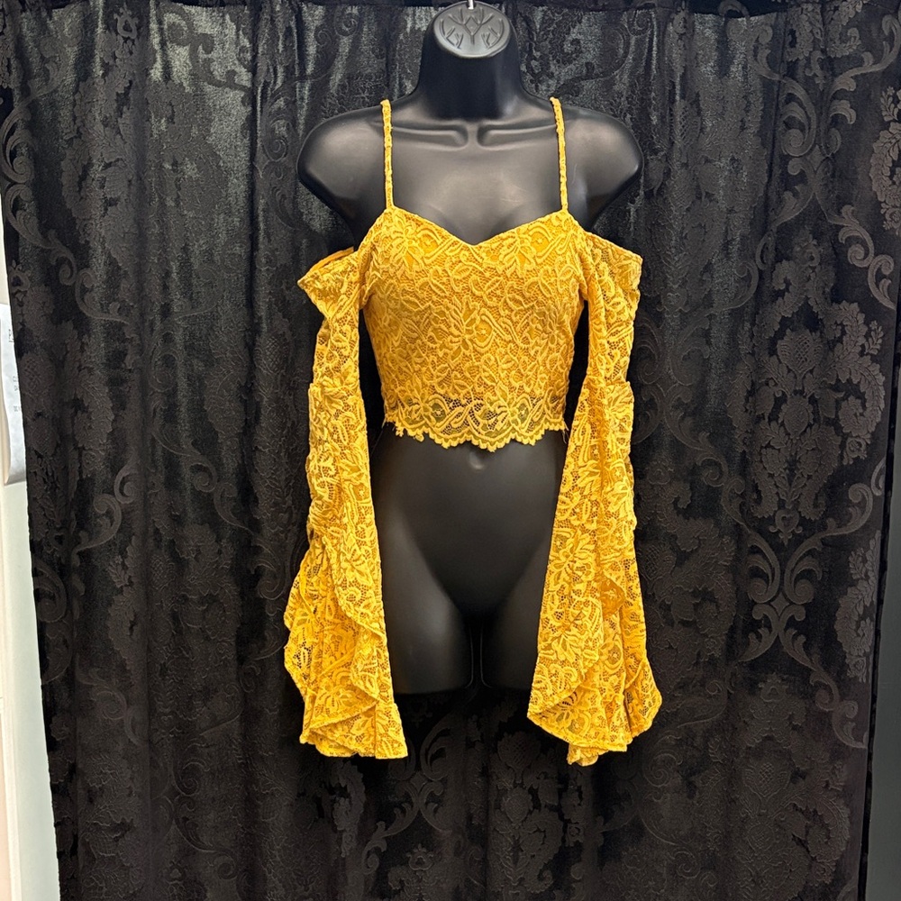 Fashion Nova Mustard Yellow Lace Cold-Shoulder Crop Top